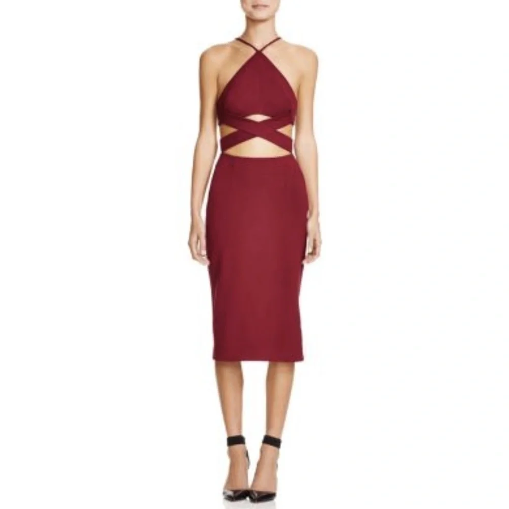 NWT N/Nicholas NICHOLAS Ponti Wrap Cross Back Cutout Midi Dress in Plum …